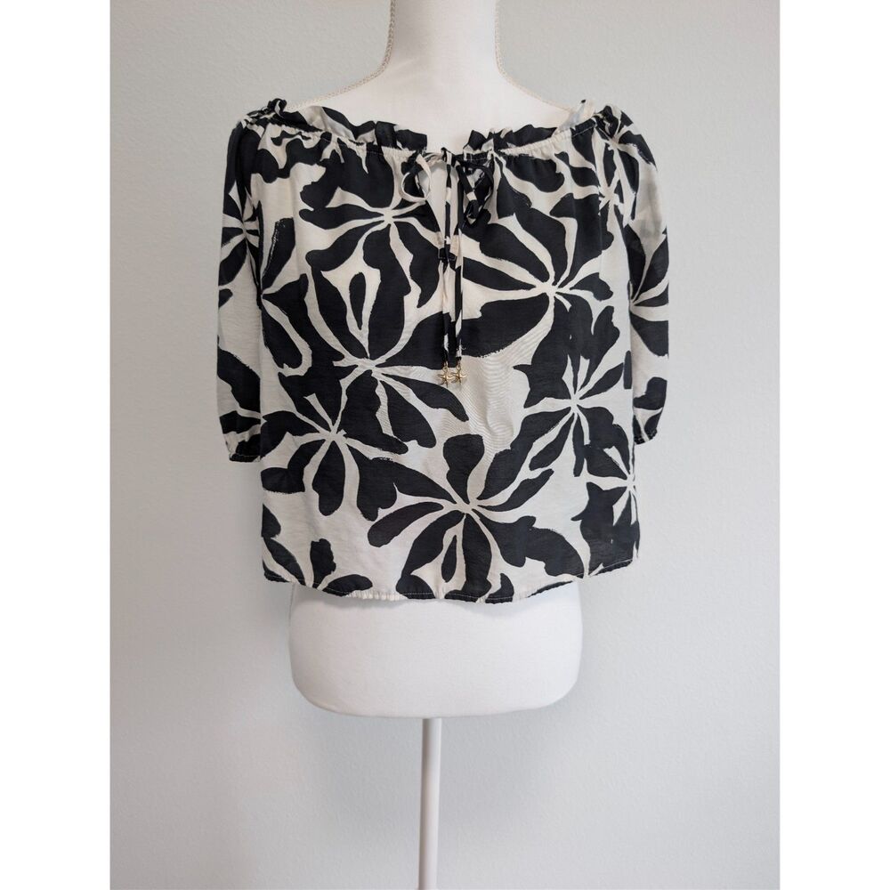 H&M Off-the-Shoulder Frill-Trimmed Blouse White Black Floral XS Great Condition